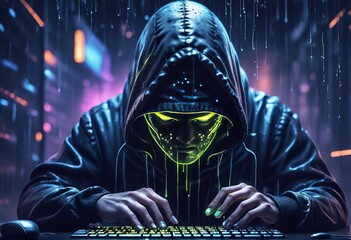 hacker  in a hoodie with laptop computer and cyber attack in an concept of cyber security and cyber...