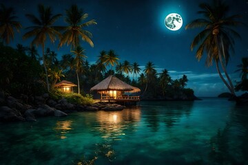 Generate a scene of a tropical island basked in the glow of the full moon, surrounded by a calm, glistening sea