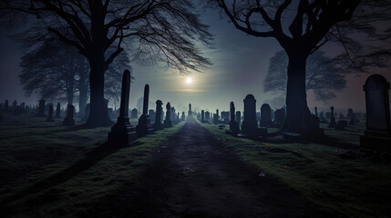 Cemetery covered with mist in the night with dark sky and moon. Halloween haunted cemetery concept.Generative AI - obrazy, fototapety, plakaty