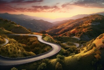 winding road in the hills with a beautiful view of the sun in the evening. generative ai
