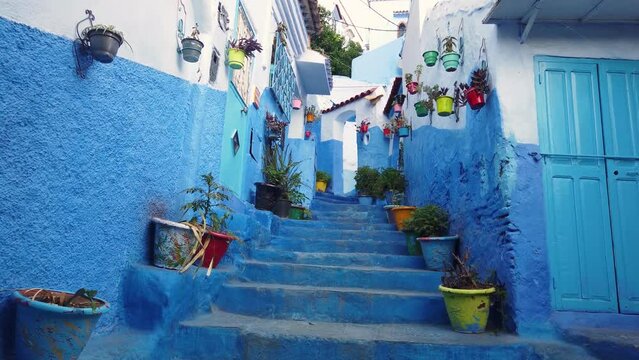Chefchaouen town in Morocco, known as the Blue Pearl, famous for its striking blue color washed medina buildings and streets, creating a unique and magical atmosphere.