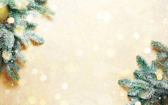 Fir branches on a light beige background with bokeh lights. Christmas and New Year. Copy space.
