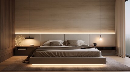 A minimalist bedroom with a cozy bed, soft lighting, and subtle yet elegant wall textures
