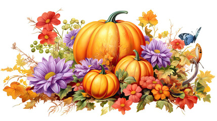 Autumn composition of pumpkins and flowers on a white background. Autumn harvest. Thanksgiving day. Generative AI.