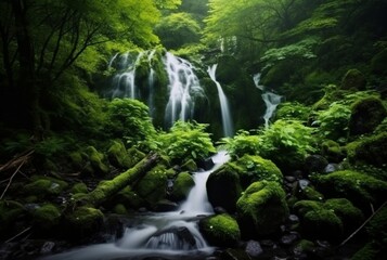 Fototapeta premium beautiful waterfall in the green forest. generative ai