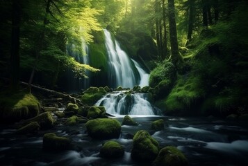 Obraz premium beautiful waterfall in the green forest. generative ai