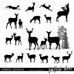 Fallow deer silhouettes with wildlife scene. Vector illustration.