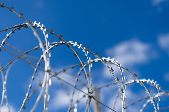 Barbed wire close-up. Metal barbed wire. Border with barbed wire.