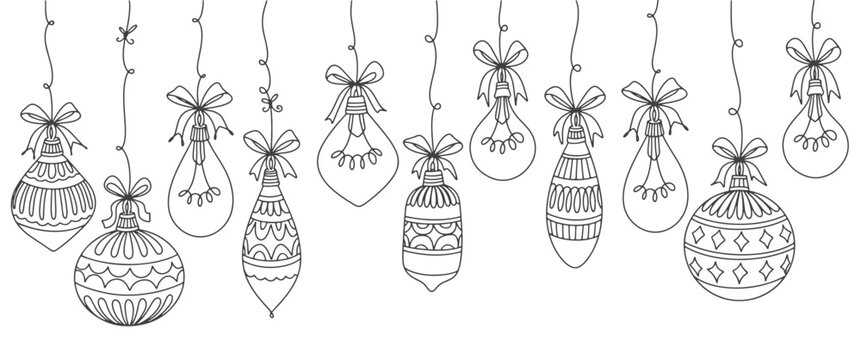 Different hanging Christmas ornaments. Christmas ball, light, lantern, robbin bird, berry, Christmas tree seamless garland. Various border isolated on white.