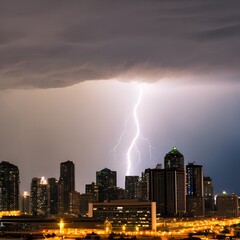 A dramatic thunderstorm with lightning striking over a city skyline at night2, Generative AI