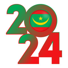 Happy New Year 2024 banner with Mauritania flag inside. Vector illustration.