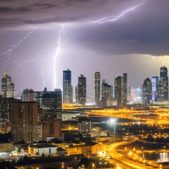 Fototapeta premium A dramatic thunderstorm with lightning striking over a city skyline at night4, Generative AI