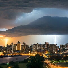 A dramatic thunderstorm with lightning striking over a city skyline at night1, Generative AI