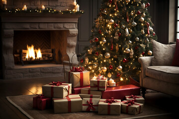 christmas tree decorations, santa claus with gifts, snowman in the snow, christmas gift boxes	