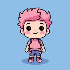 cartoon boy with pink hair standing in front of a blue background