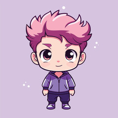 cartoon boy with pink hair standing in front of a purple background
