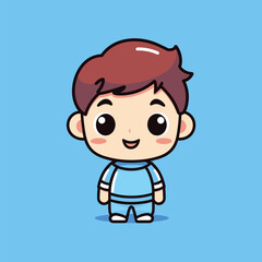 cartoon boy with brown hair standing in front of a blue background