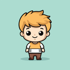 cartoon boy with yellow hair standing in front of a green background