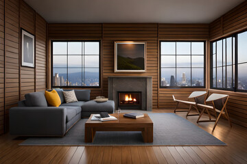 Luxurious and minimalist wooden living room