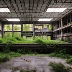 An abandoned, overgrown industrial factory with a haunting, eerie atmosphere4, Generative AI
