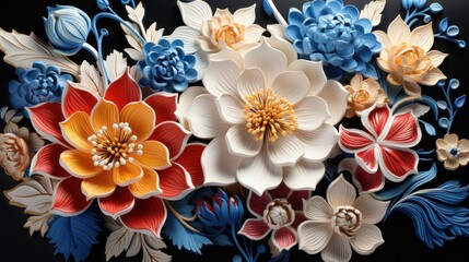 Close-up of a pattern of large picturesque multi-colored flowers on a dark background.