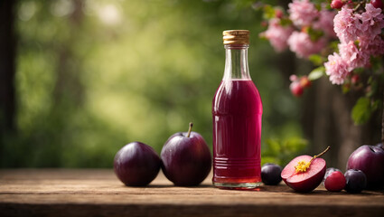 a bottle of plum fruit juice on a wooden table in the background a blurred plum in bloom
