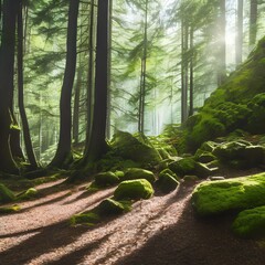 A dense, mystical forest with sunlight filtering through the leaves and moss-covered rocks1, Generative AI