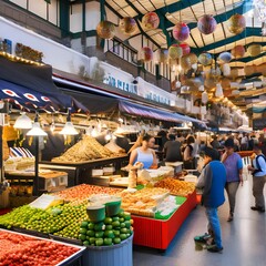 A busy marketplace with various food stalls, people, and colorful displays5, Generative AI - obrazy, fototapety, plakaty