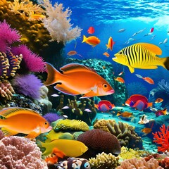 Naklejka na ściany i meble A surreal underwater world with vibrant coral reefs and marine life2, Generative AI