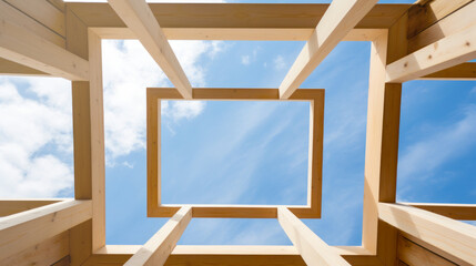 Detalle del marco de madera de la estructura prefabricada, vista hacia el cielo. Pilares de madera, construcción de granero. - obrazy, fototapety, plakaty
