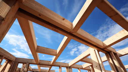 Detalle del marco de madera de la estructura prefabricada, vista hacia el cielo. Pilares de madera, construcción de granero. - obrazy, fototapety, plakaty