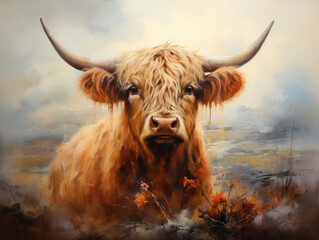 Scottish Highlander in fine art wall print beautiful setting generatieve ai