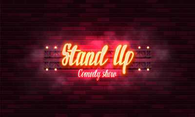 Stand Up Comedy. Retro neon sign on brick wall background. Vector illustration.