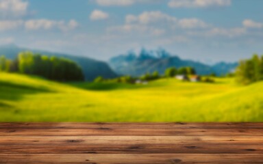 wooden table with natural landscape in the background, blurred background, positioning objects,...