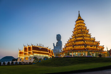 Panorama Landscape of Wat Huay Pla Kang, Chinese temple at sunset time in Chiang Rai Thailand, This is the most popular and famous temple in Chiang Rai. - obrazy, fototapety, plakaty
