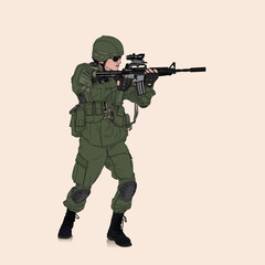 Ukraine soldier in ammunition with sniper rifle, helmet and ammo. Vector illustration design