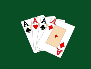 Winning poker of four aces playing cards suits on green background. Vector illustration design
