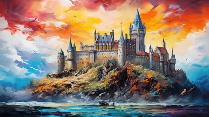 Colorful painting of a very old castle - obrazy, fototapety, plakaty