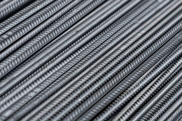 Tied iron rebar close up. Bundle reinforcing bar. Steel reinforcement. Industrial background.