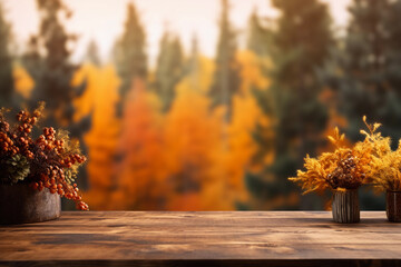 Wooden Tabletop Against Autumn Forest Bokeh Background for Product Display and Montage. Generative Ai.