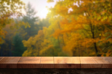 Naklejka na ściany i meble Wooden Desk Top View with Ample Copy Space Against Blurred Autumnal Forest Background, Ideal for Product Display. Generative Ai.
