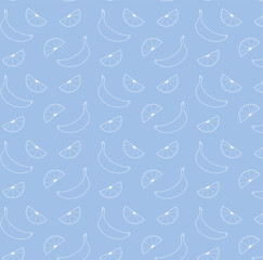 seamless background with bananas and oranges on blue background, food illustration, eps