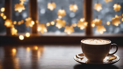 A cup of cappuccino on the table near the window