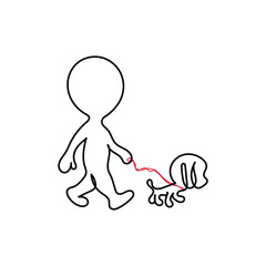 illustration of a person holding a DOG. Line art character with transparent background. Minimal vector art. One line icon of a man walking his dog.