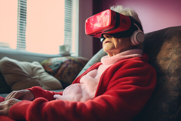 Old woman at a home using red pink virtual reality glasses to see a movie. Modern grandma with 3d googles. - obrazy, fototapety, plakaty