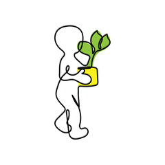 Line art character with transparent background. Minimal vector art. One line icon of a man carrying a plant. plant lover. forestation concept.