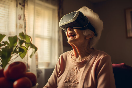 Old woman sitting at home wearing virtual reality 3d glasses talking to her family in the distance. Grandma connecting with relatives using the latest googles technology.