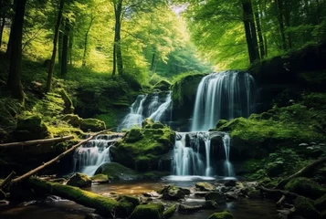 Foto op Aluminium beautiful waterfall in the green forest. generative ai © LivroomStudio