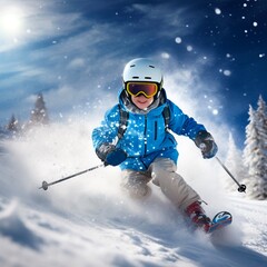 Fototapeta na wymiar A little boy playing snowboard in a happy mood.