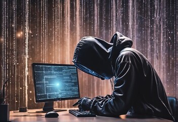 hacker with laptop in the dark hacker with laptop in the dark hacker in black hoodie using laptop...
